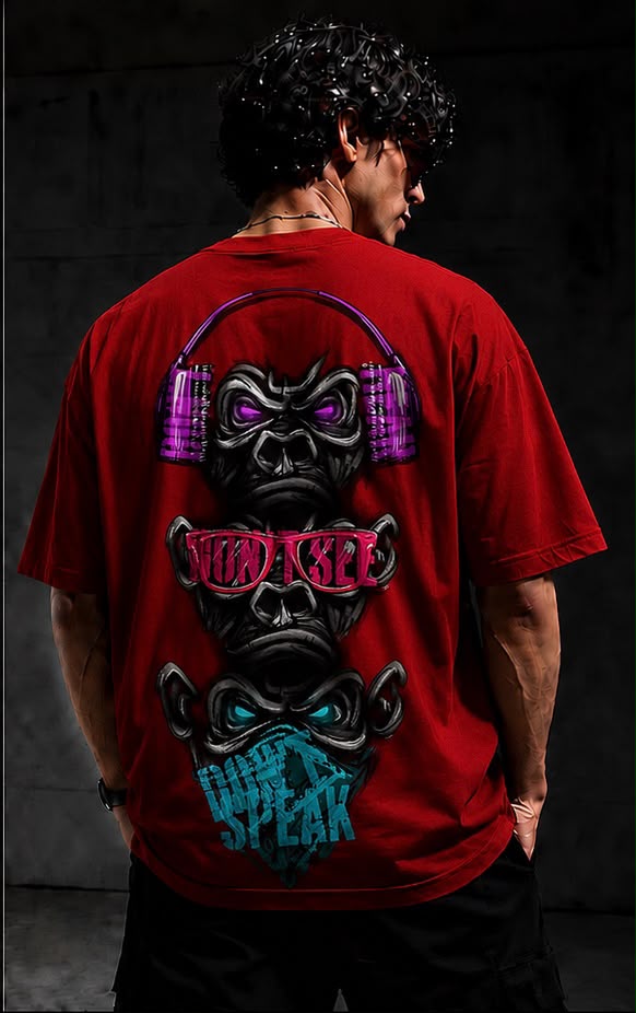 Red HAVOWN Urban Gorilla Oversized T-Shirt for Men | Premium Cotton Drop Shoulder Graphic Tee | Unisex Streetwear