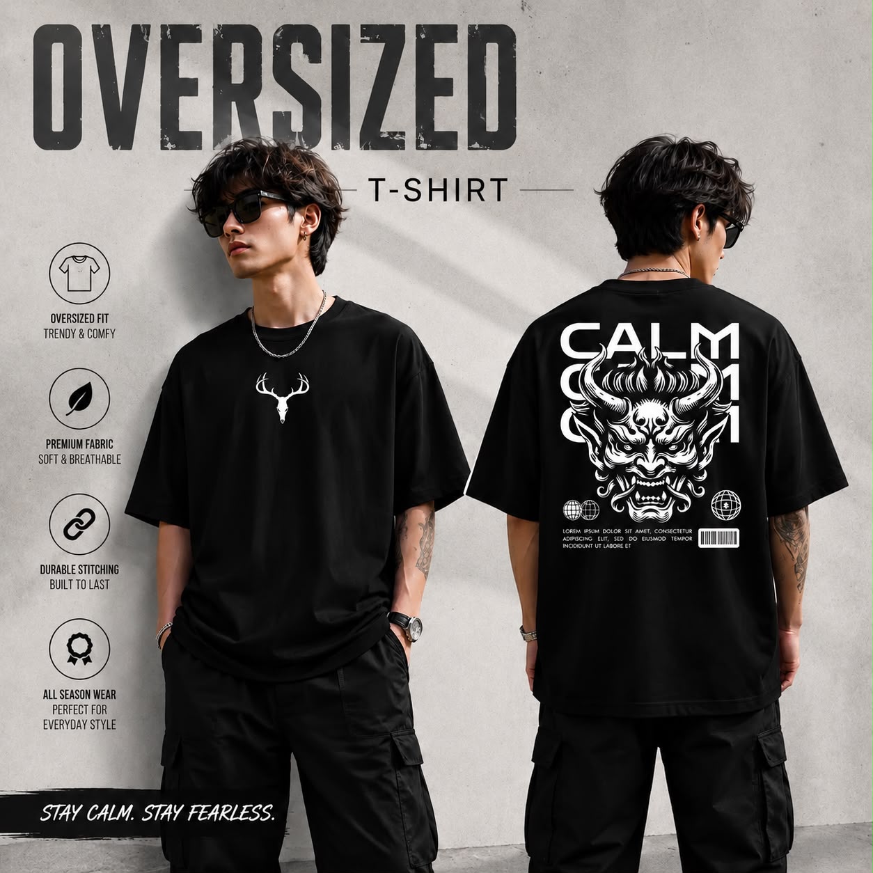 HavowN Calm Demon Oversized T-Shirt | 240 GSM Premium Cotton | Japanese Oni Graphic Back Print | Unisex Streetwear Tee