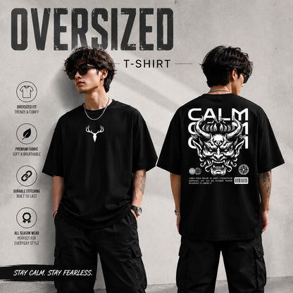 HavowN Calm Demon Oversized T-Shirt | 240 GSM Premium Cotton | Japanese Oni Graphic Back Print | Unisex Streetwear Tee