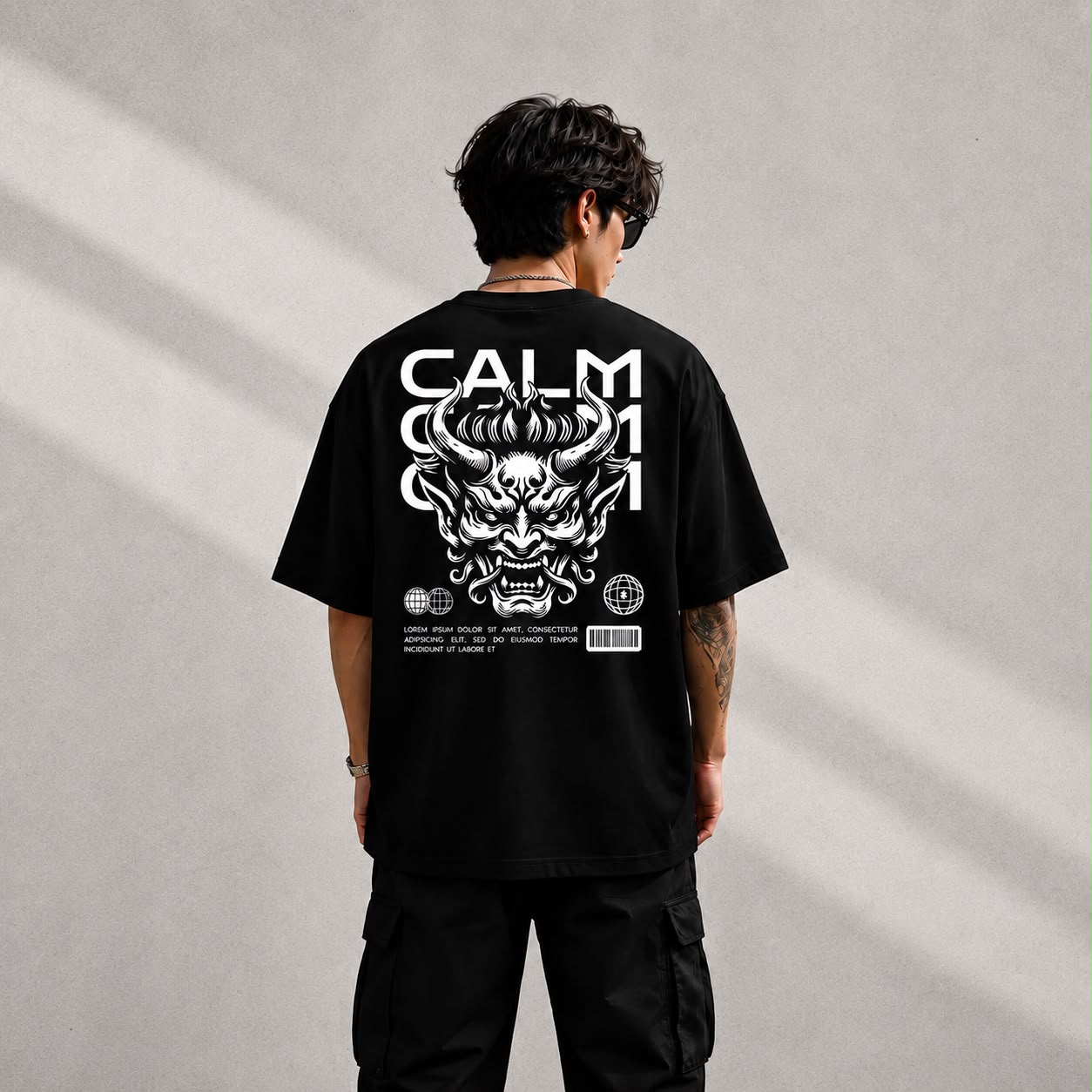 HavowN Calm Demon Oversized T-Shirt | 240 GSM Premium Cotton | Japanese Oni Graphic Back Print | Unisex Streetwear Tee