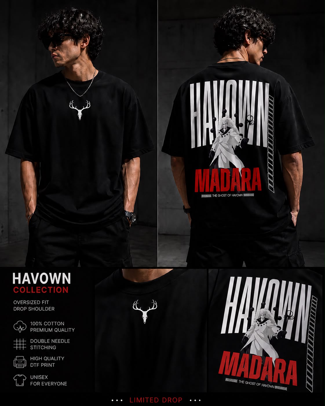 HavowN Madara Oversized T-Shirt | 240 GSM Premium Cotton | Anime Graphic Back Print | Unisex Streetwear Tee
