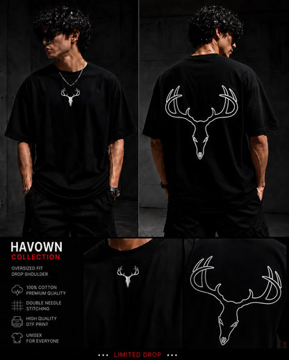 HavowN Deer Skull Oversized T-Shirt | 240 GSM Premium Cotton | Minimal Graphic Back Print | Unisex Streetwear Tee