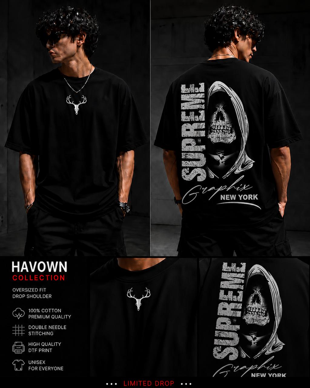 HavowN Supreme Skull Oversized T-Shirt | 240 GSM Premium Cotton | Skull Graphic Back Print | Unisex Streetwear Tee