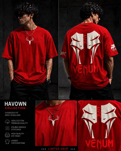 Red Venum UFC Oversized T-Shirt for Men | Premium Cotton Drop Shoulder Graphic Tee | Unisex Streetwear