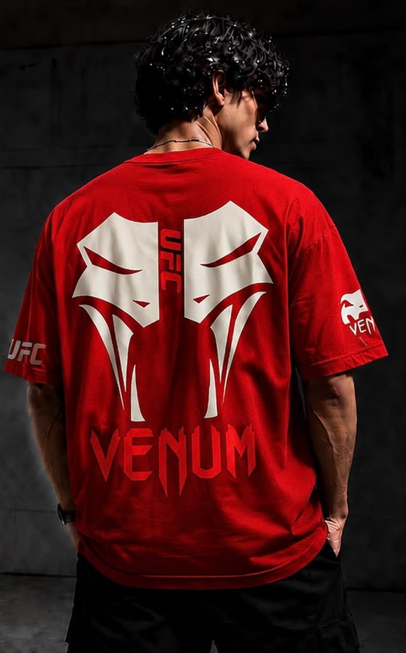 Red Venum UFC Oversized T-Shirt for Men | Premium Cotton Drop Shoulder Graphic Tee | Unisex Streetwear
