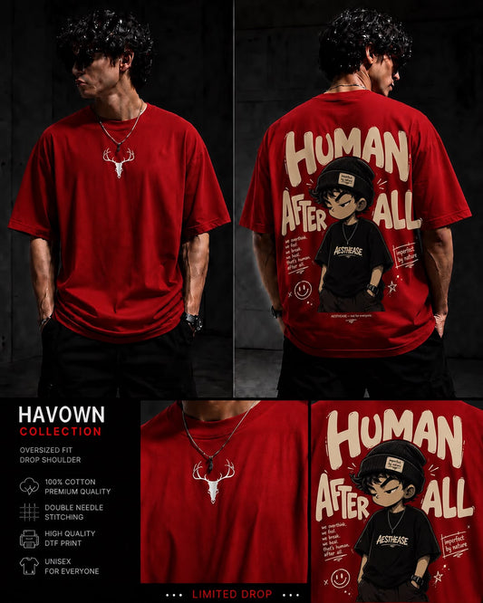 Red Human After All Oversized T-Shirt for Men | Premium Cotton Drop Shoulder Anime Graphic Tee | Unisex Streetwear