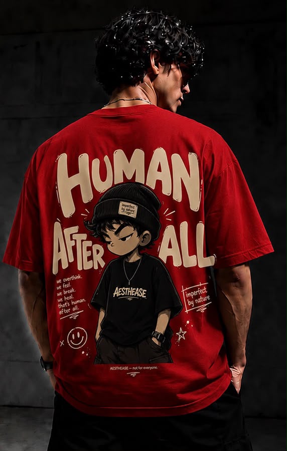 Red Human After All Oversized T-Shirt for Men | Premium Cotton Drop Shoulder Anime Graphic Tee | Unisex Streetwear