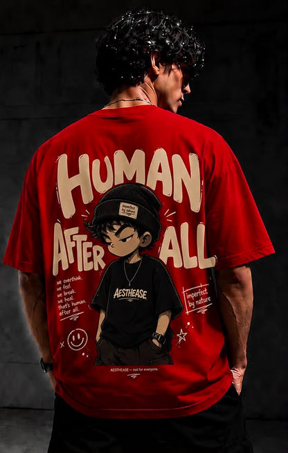 Red Human After All Oversized T-Shirt for Men | Premium Cotton Drop Shoulder Anime Graphic Tee | Unisex Streetwear
