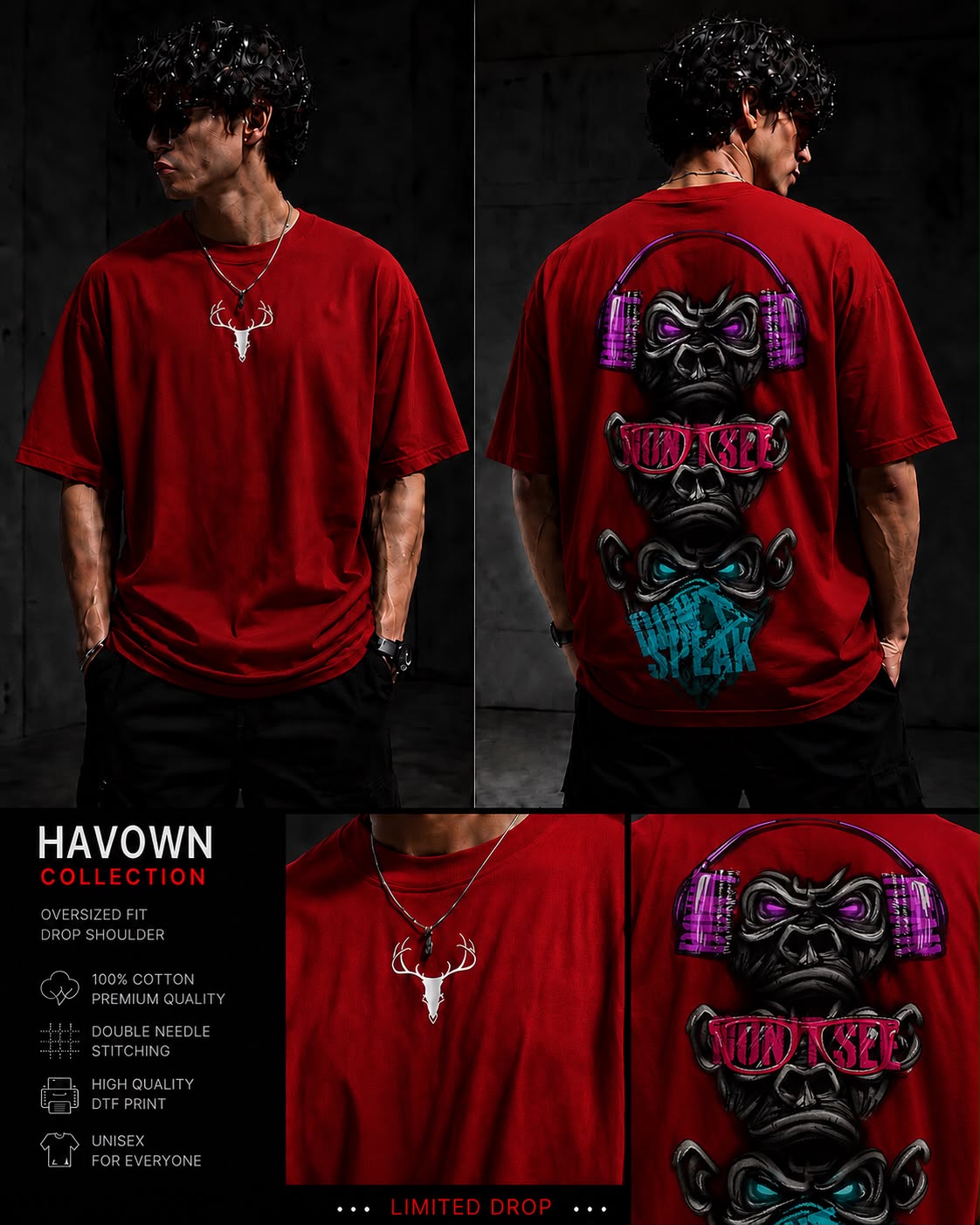 Red HAVOWN Urban Gorilla Oversized T-Shirt for Men | Premium Cotton Drop Shoulder Graphic Tee | Unisex Streetwear