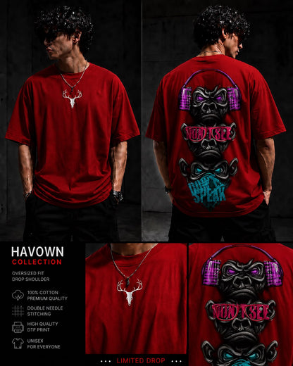 Red HAVOWN Urban Gorilla Oversized T-Shirt for Men | Premium Cotton Drop Shoulder Graphic Tee | Unisex Streetwear