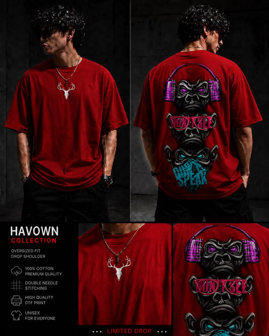 Red HAVOWN Urban Gorilla Oversized T-Shirt for Men | Premium Cotton Drop Shoulder Graphic Tee | Unisex Streetwear
